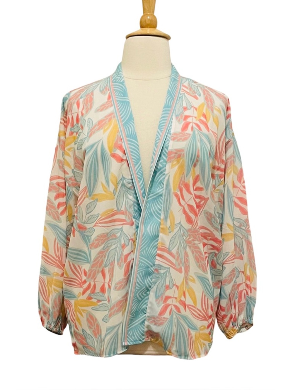 Colleen Lopez Pastel Coral, Teal & Yellow Tropical Leaf Kimono L